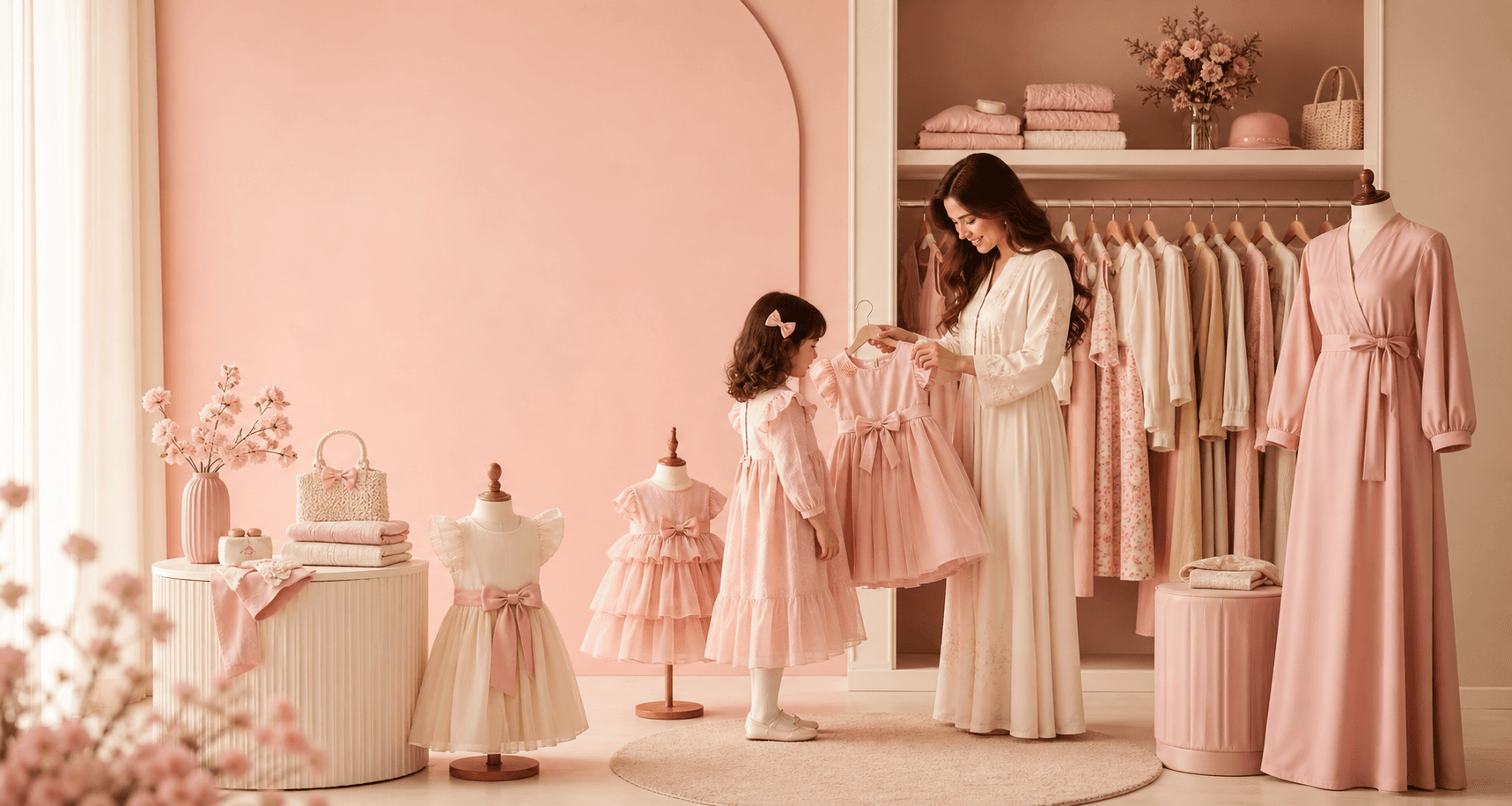 A mother and daughter choosing a blush dress in Fala's Closet